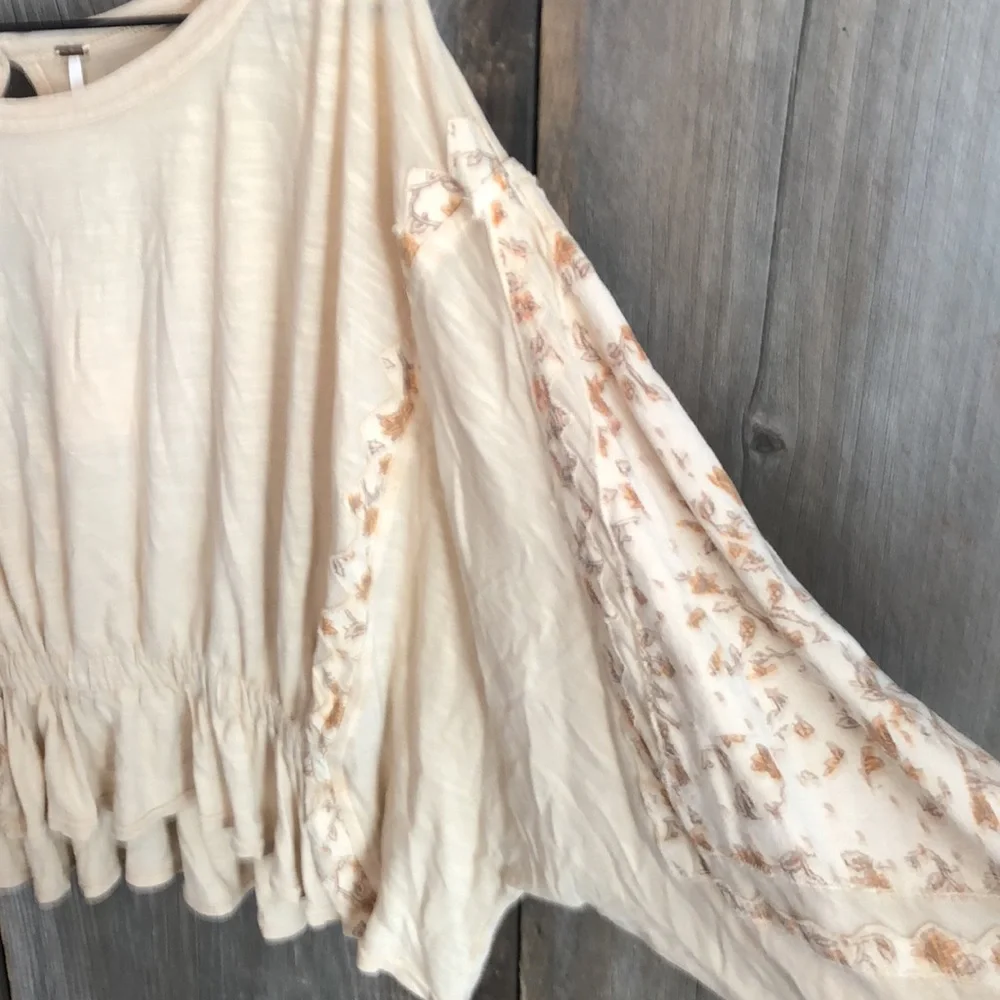 Free People Throwback Embroidered Volume Sleeve Top in Sand Combo Size Medium